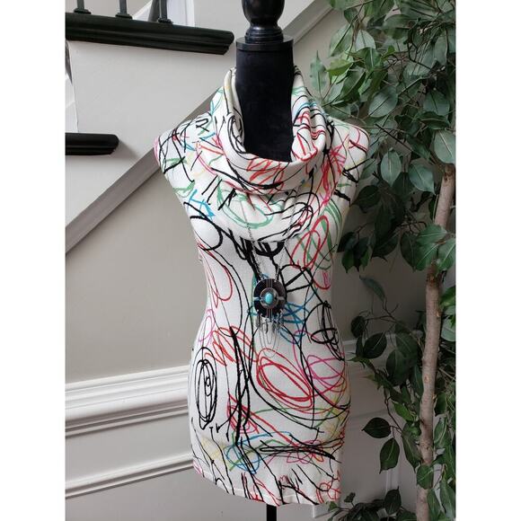 Joseph A. Sweater Womens 1X White Geo Print Rayon Cowl Neck Sleeveless Pullover - Picture 2 of 11